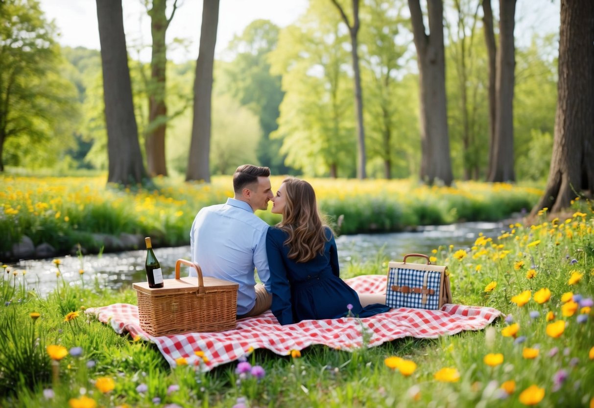 A couple sits on a checkered blanket amidst a flower-filled meadow, surrounded by tall trees and a babbling brook. A picnic basket and a bottle of wine are placed on the blanket