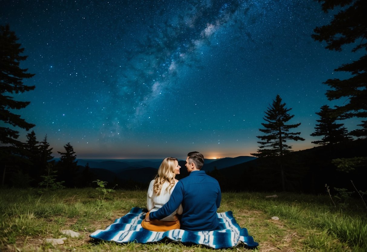 A couple sits on a blanket under the night sky on Wopsononock Mountain, surrounded by trees and a clear view of the stars