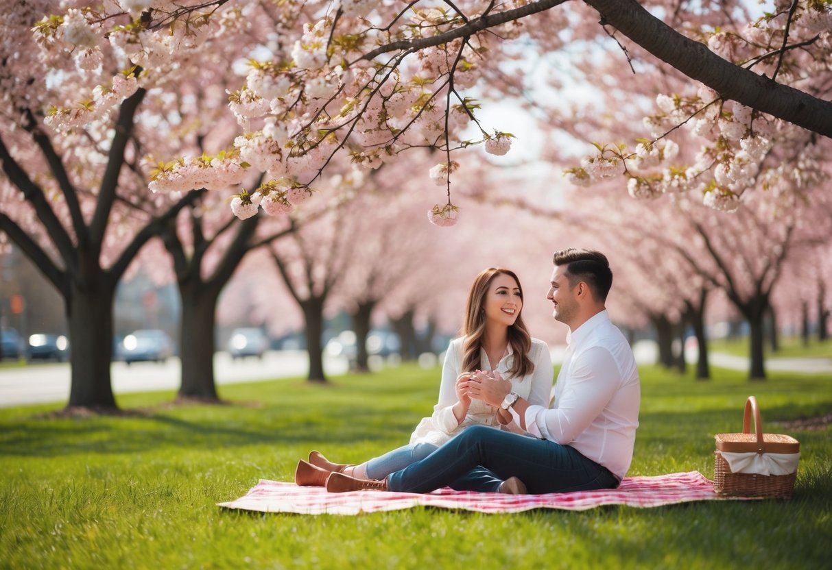 A couple picnicking under a cherry blossom tree in spring