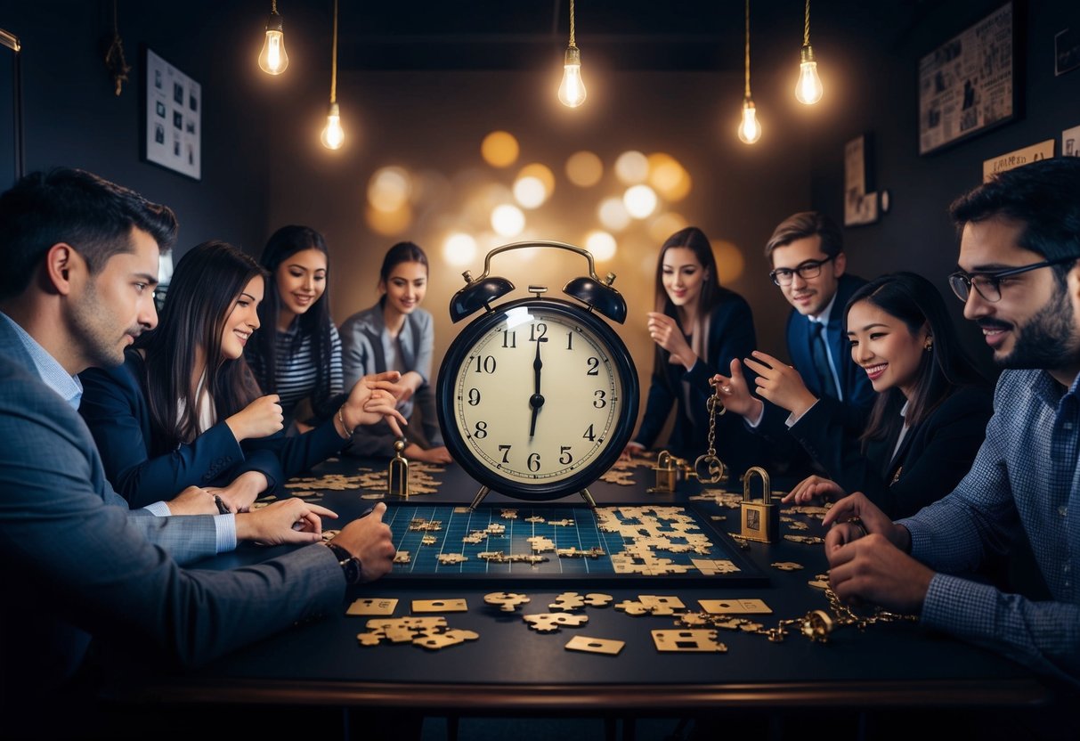 A dimly lit room filled with puzzles, locks, and hidden clues. A ticking clock adds urgency as participants work together to solve the mystery