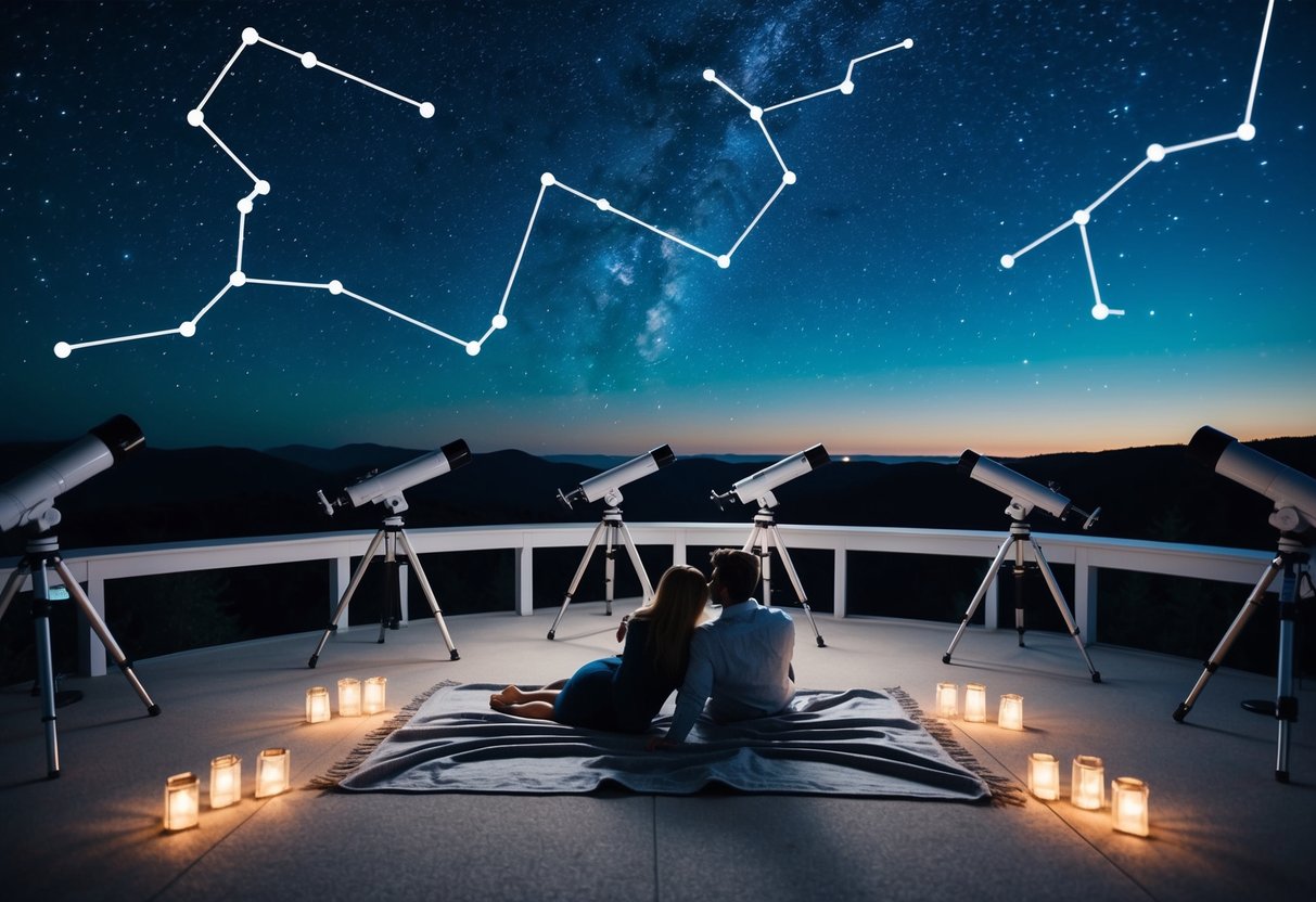 A couple lies on a blanket under a starry sky at the observatory, surrounded by telescopes and glowing constellations