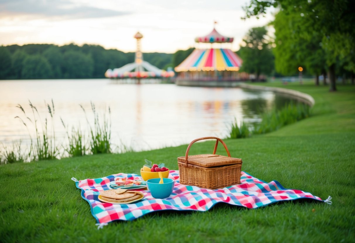 A colorful picnic spread on a checkered blanket by a serene lake, surrounded by lush greenery and a charming amusement park in the background