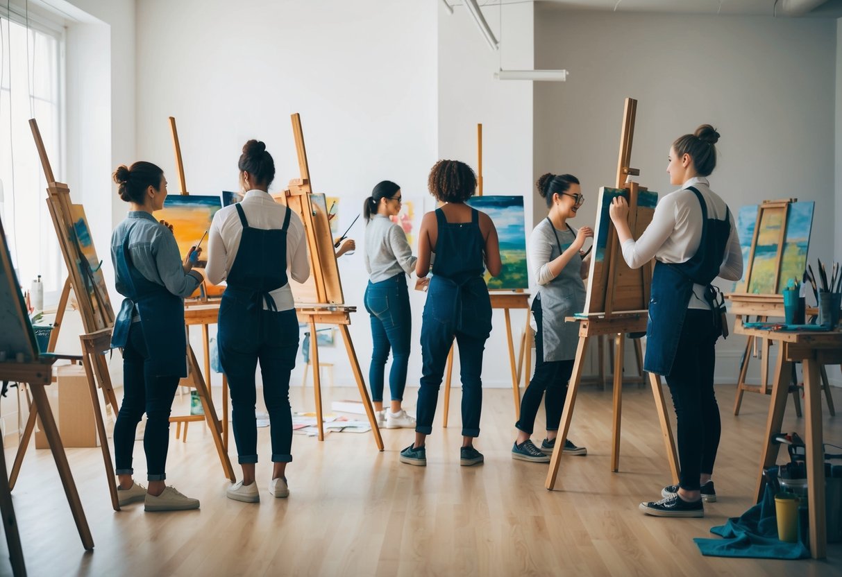 A group of people painting and sketching in a well-lit art studio with easels and various art supplies scattered around