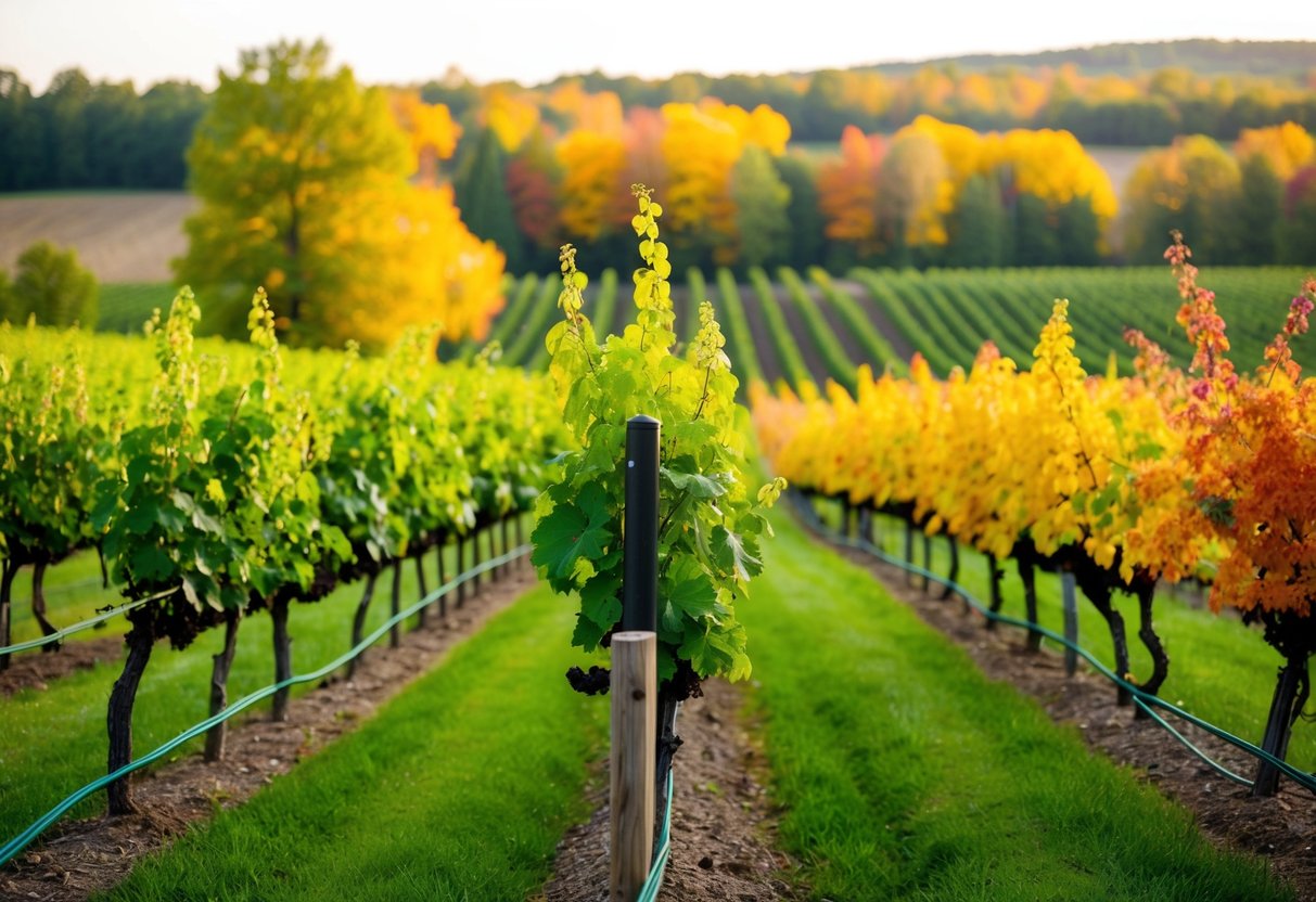 Lush vineyard with changing seasons, from blooming spring flowers to vibrant fall foliage, offering wine tastings all year