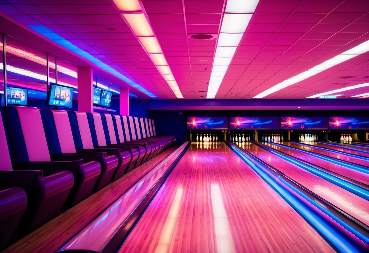 A colorful bowling alley with glowing neon lights, polished lanes, and a bustling atmosphere
