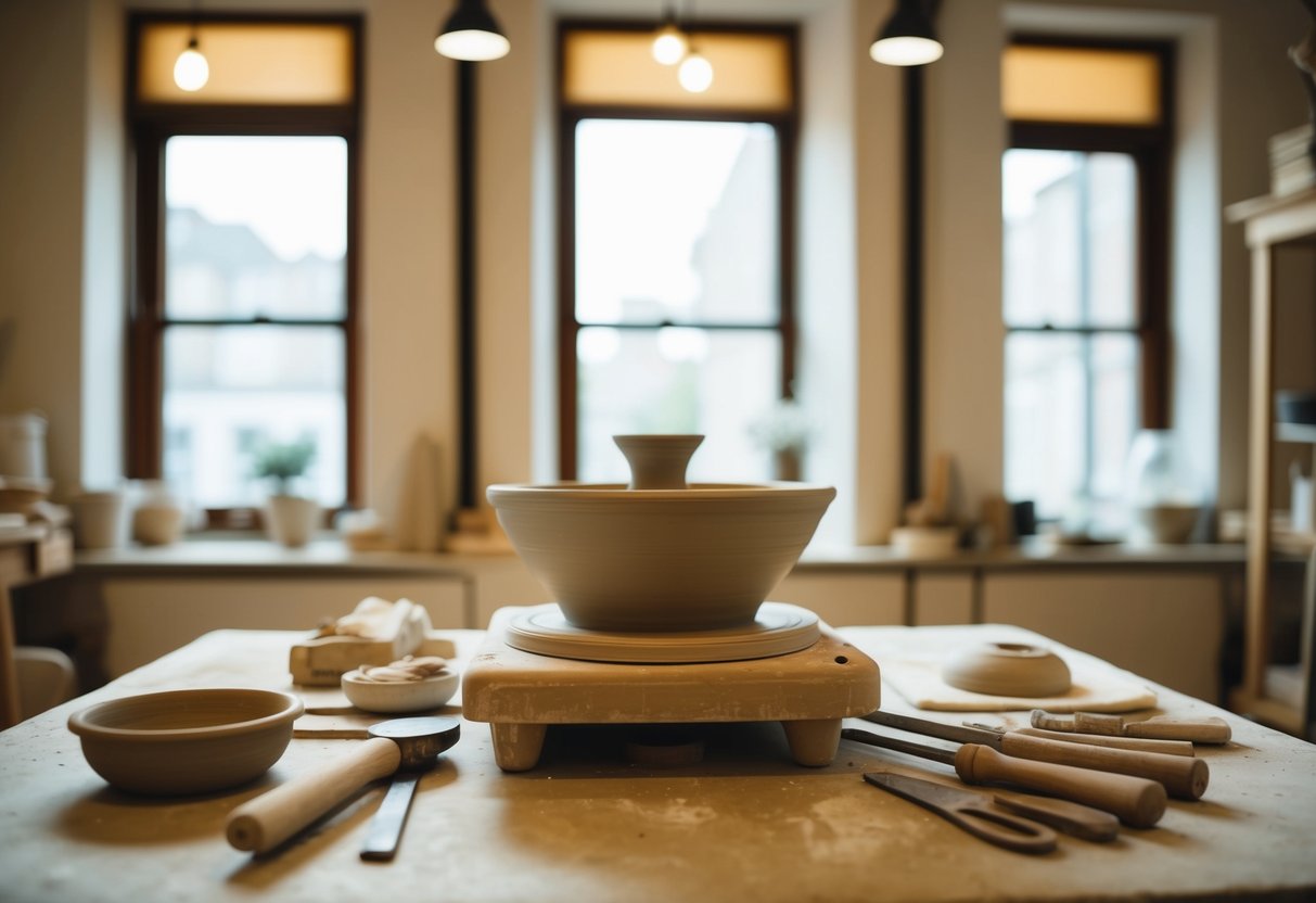 A pottery wheel surrounded by tools and clay, set in a cozy studio with large windows letting in natural light