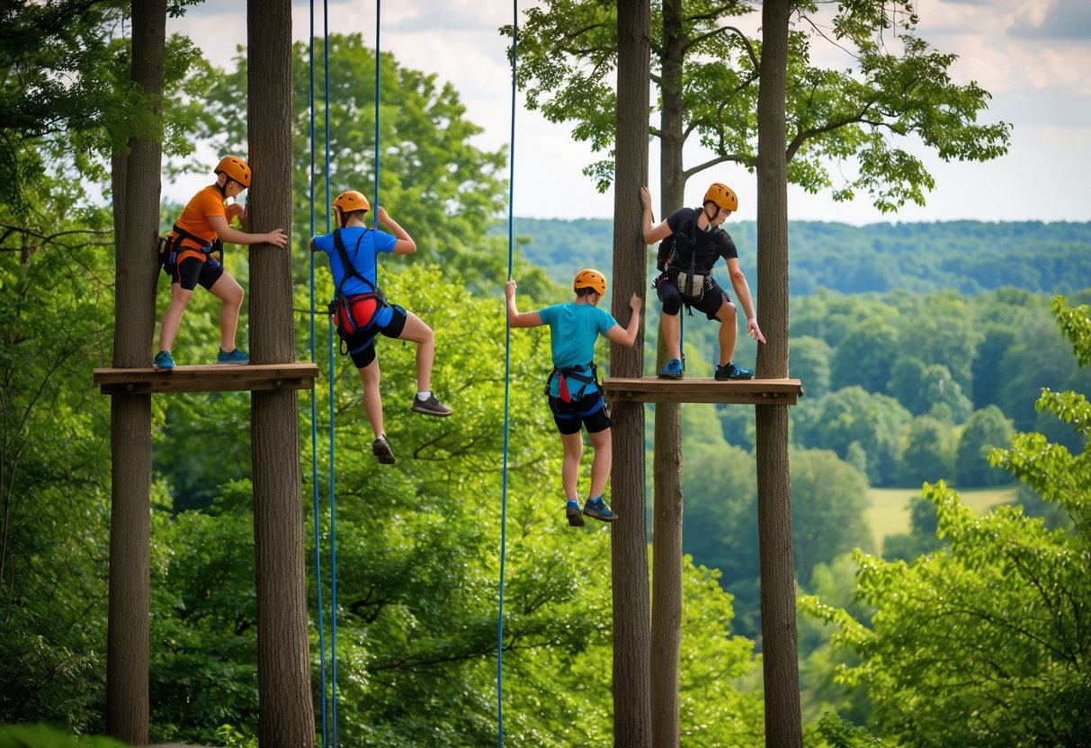 A group of people navigate treetop obstacles at Prince Gallitzin State Park, surrounded by lush greenery and a serene natural landscape