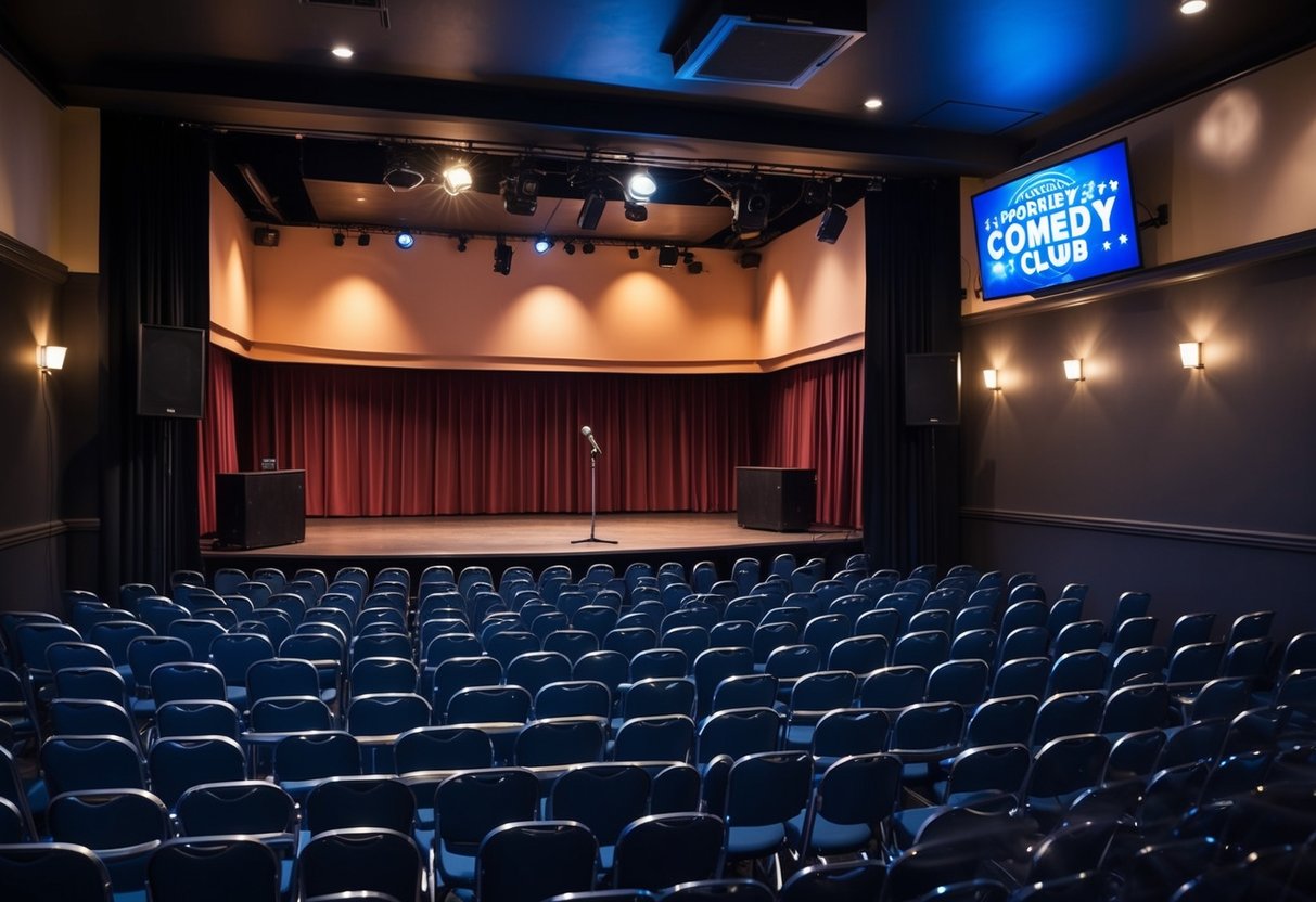 A dimly lit comedy club with a stage, microphone, and rows of empty chairs, ready for a night of laughter