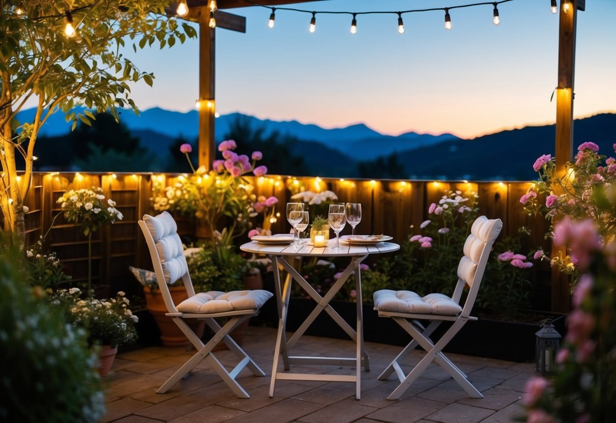 A cozy table for two in a charming outdoor garden, surrounded by twinkling lights and blooming flowers, with a view of the sunset over the mountains