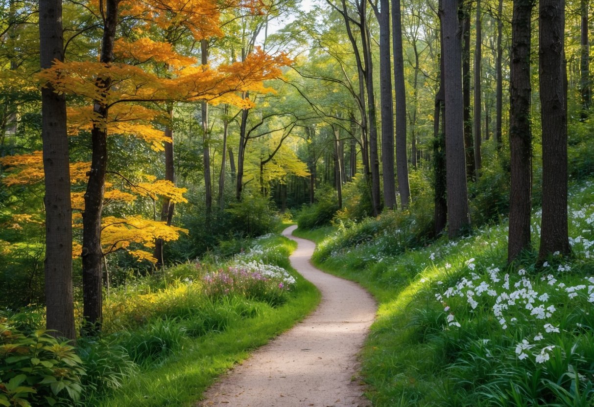 A winding trail through a lush forest, with changing leaves in autumn, snow-covered trees in winter, blooming wildflowers in spring, and dappled sunlight in summer