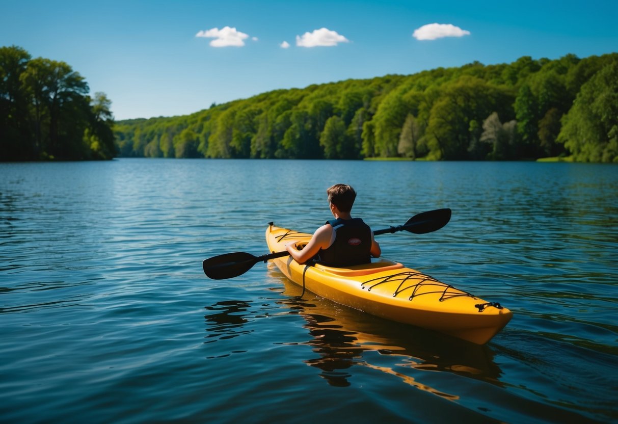 A kayak glides across a serene lake, surrounded by lush green trees and a clear blue sky