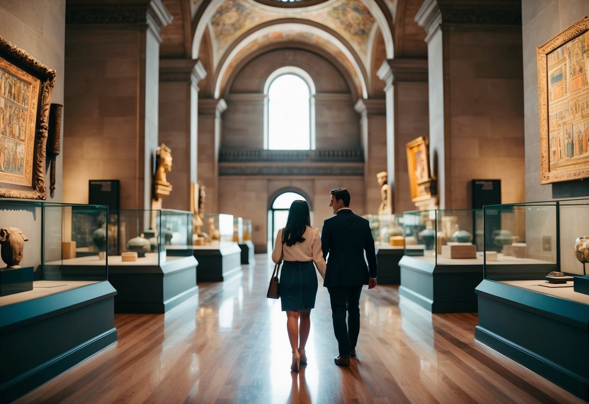 A couple walks through a grand museum, surrounded by ancient artifacts and colorful artwork, taking in the rich history and culture