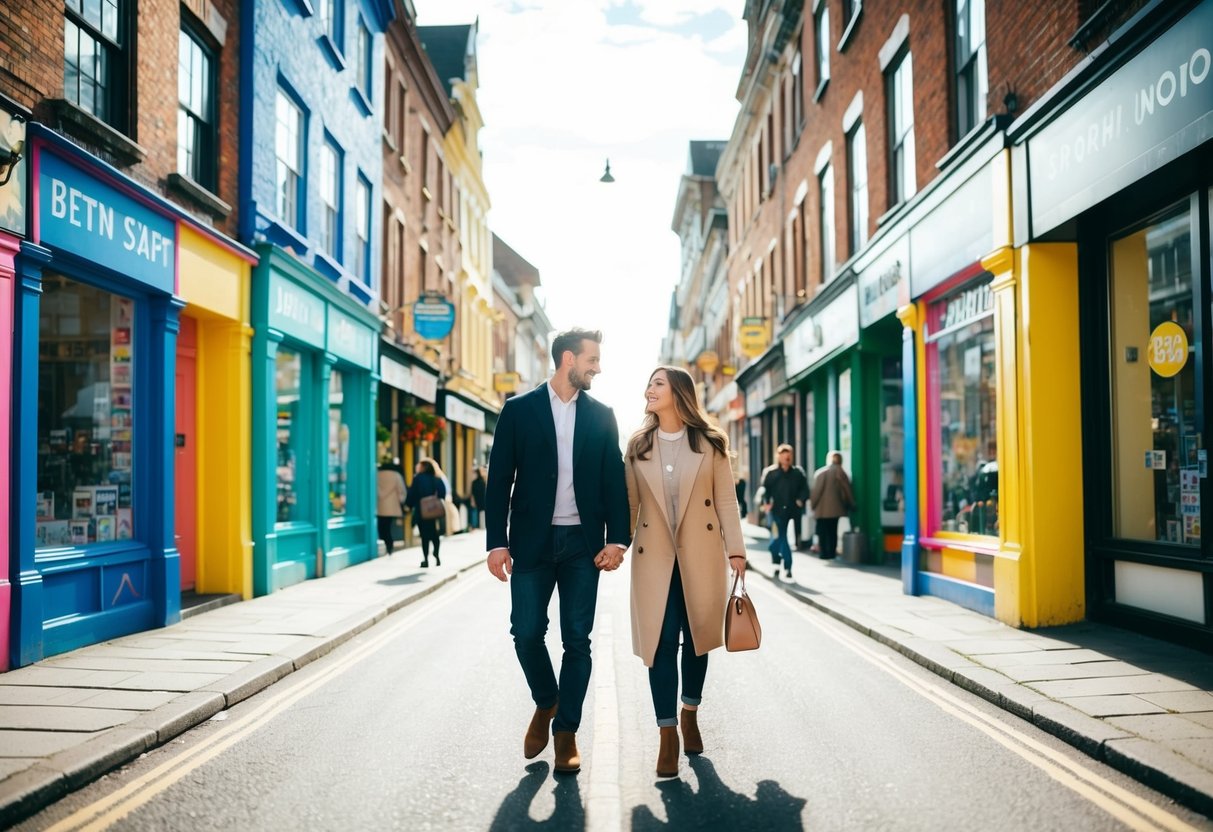 A couple strolling through a bustling city street, surrounded by colorful buildings and lively storefronts, with the sun shining overhead