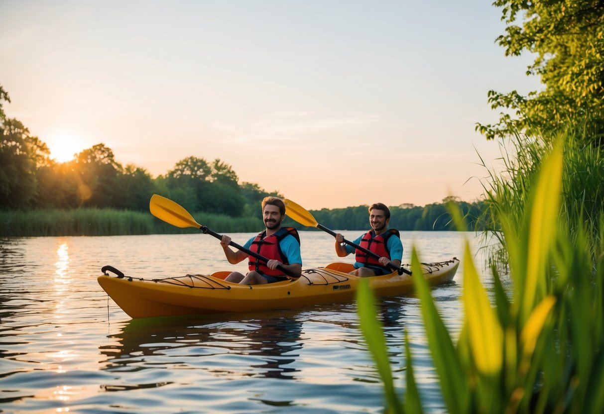 A tandem kayak glides through calm waters, surrounded by lush greenery and the warm glow of the afternoon sun
