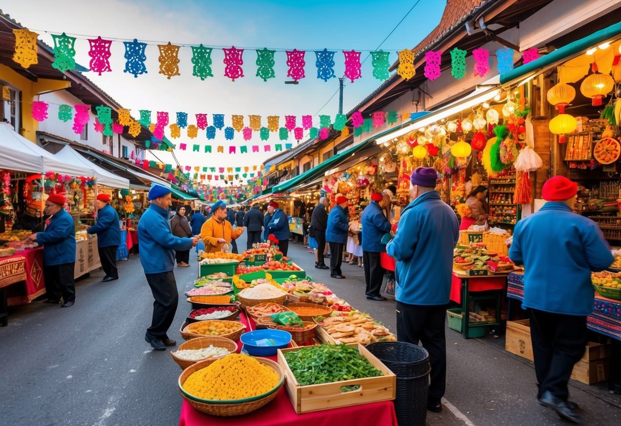 A festive street market with colorful decorations and local vendors selling traditional crafts and food, surrounded by lively music and dance performances