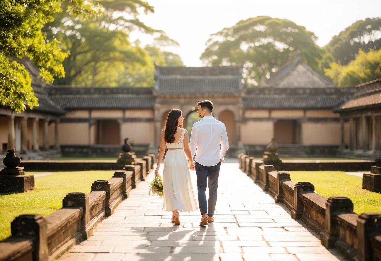 A couple strolls through a well-preserved historical site, surrounded by ancient architecture and lush greenery, under the warm afternoon sun