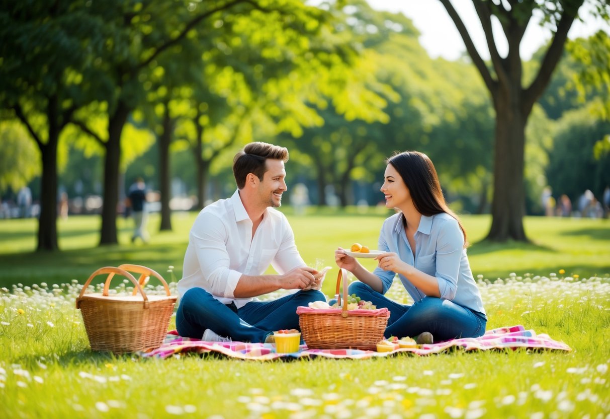 A couple picnicking in a grassy park, surrounded by trees and flowers, with a basket of food and a blanket spread out