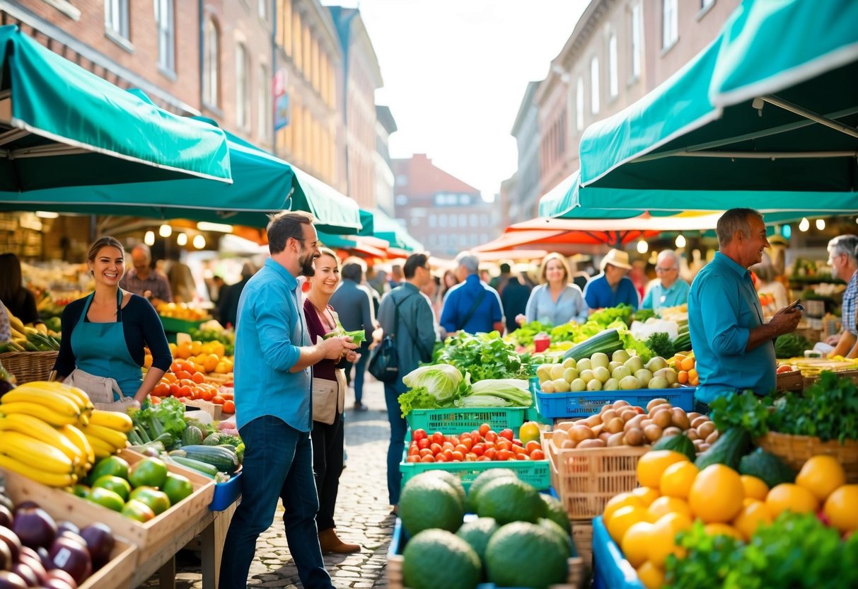 A bustling farmer's market with colorful stalls, fresh produce, and lively conversations. The sun shines down on the cheerful atmosphere