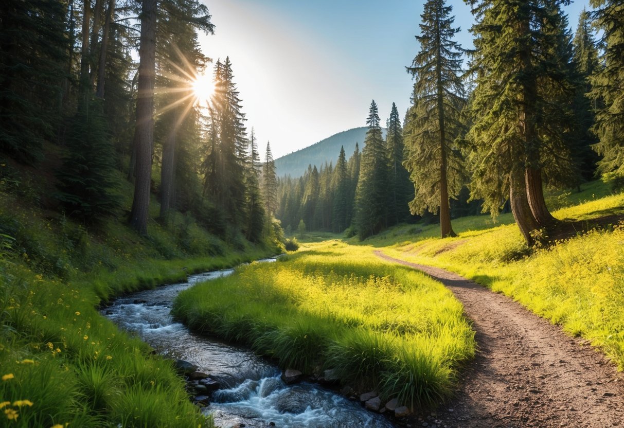 A winding forest trail leading to a sunlit clearing with a bubbling stream and towering trees