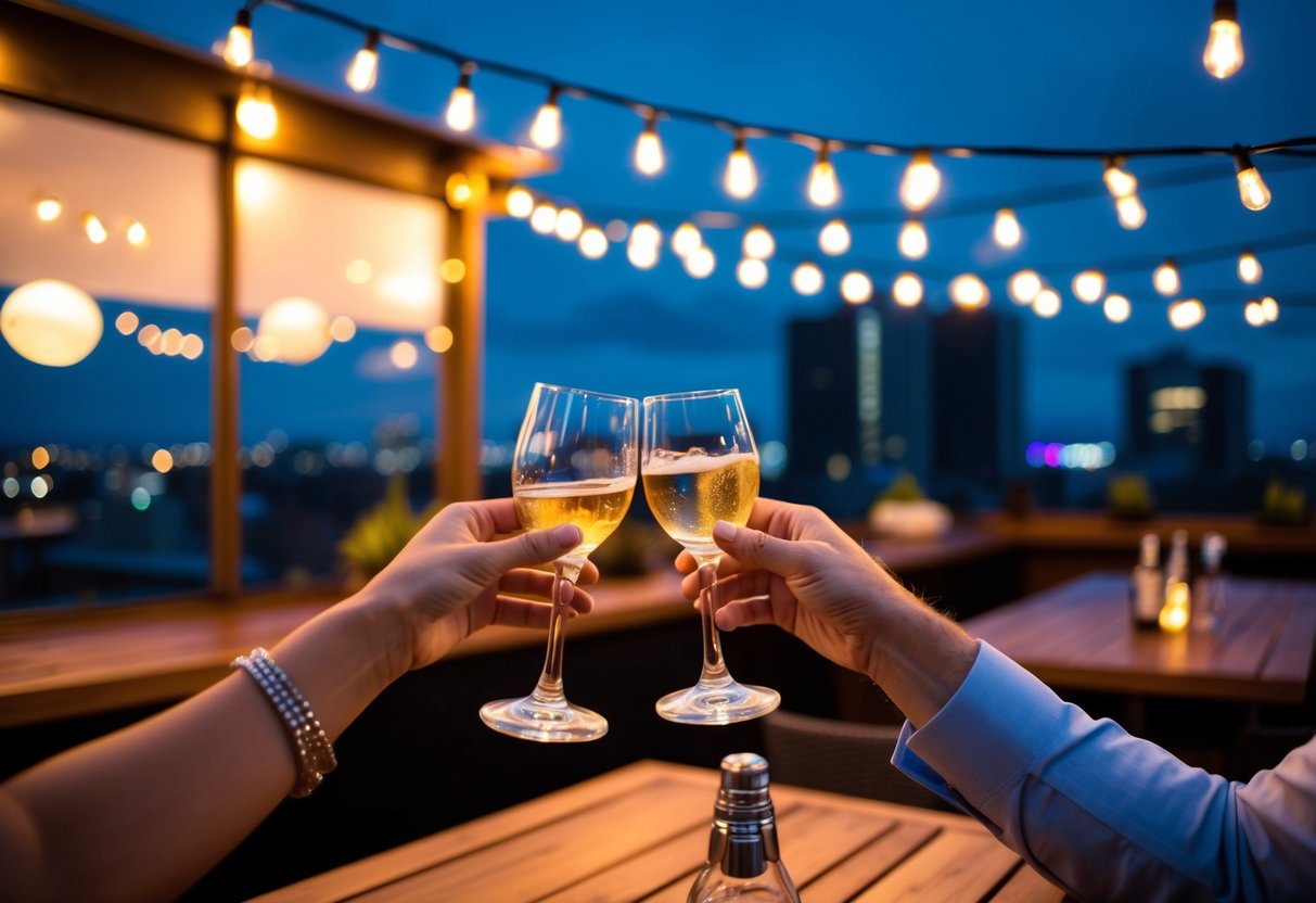 A cozy rooftop bar with string lights, city views, and a couple clinking glasses under the moonlight