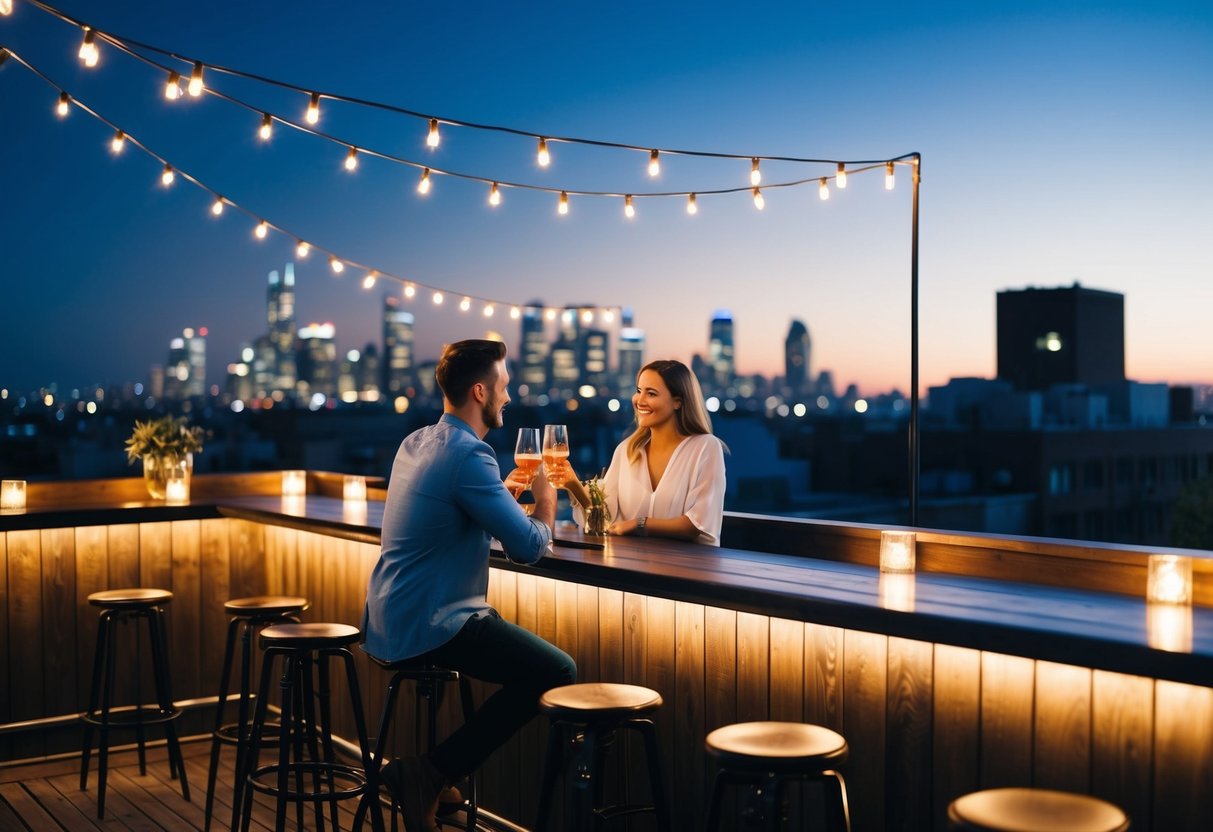 A cozy rooftop bar with twinkling lights and a view of the city skyline, where a couple enjoys cocktails and conversation under the stars