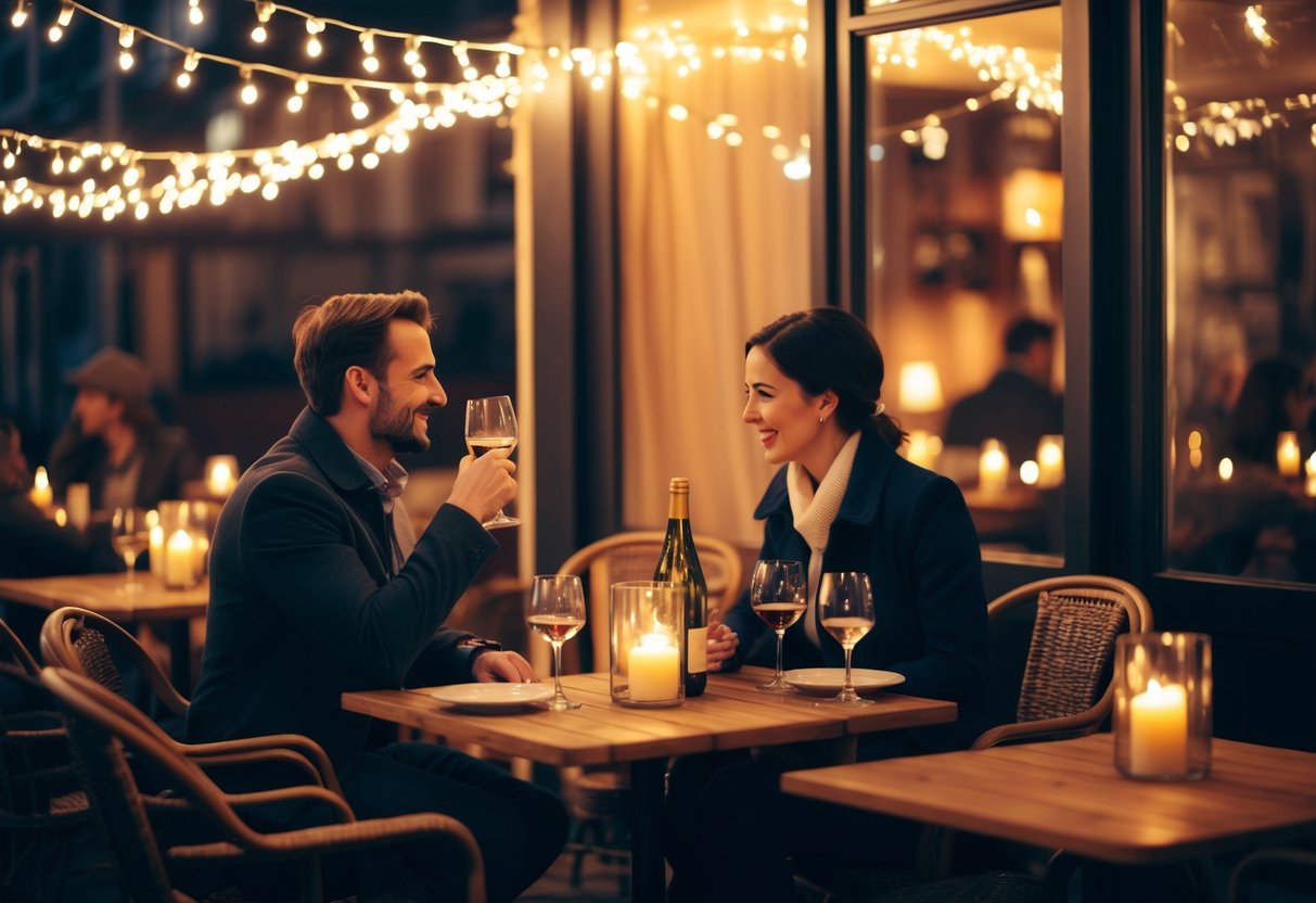 A cozy outdoor cafe with dim lighting, twinkling string lights, and a warm ambiance. Tables are adorned with candles, and a couple sits in a corner enjoying wine and conversation