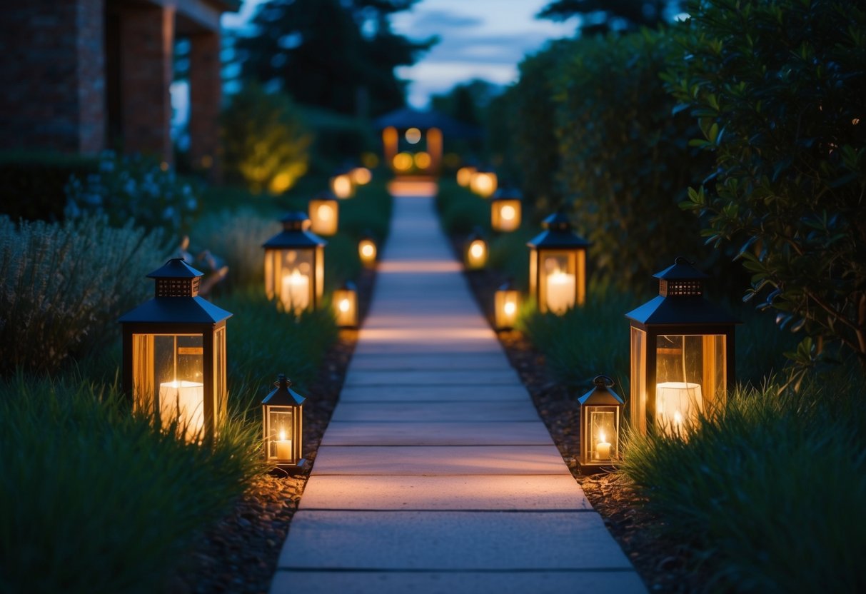 A serene garden path illuminated by lanterns at dusk