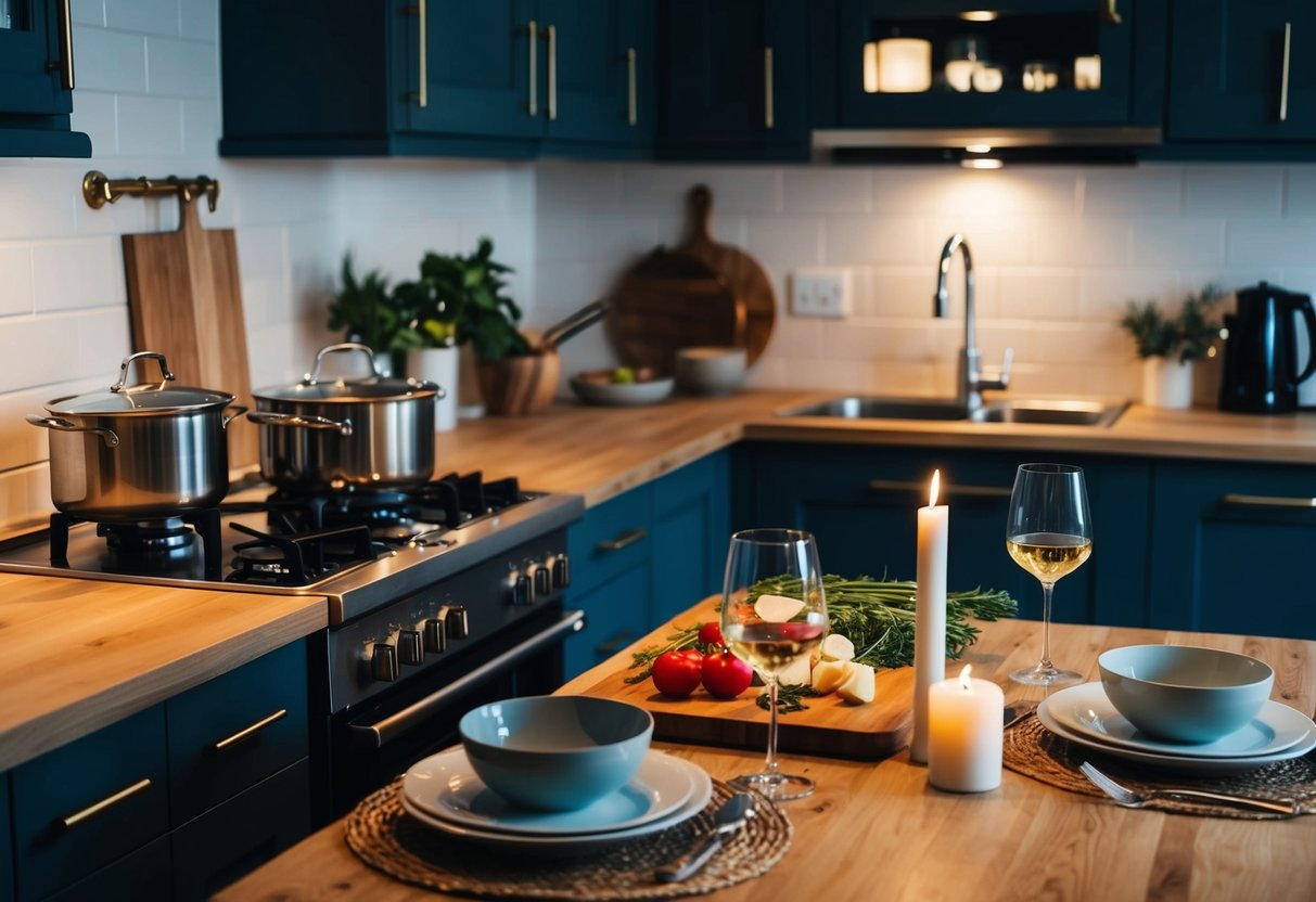A cozy kitchen with pots and pans on the stove, a cutting board with fresh ingredients, and a dining table set for two with candles and wine
