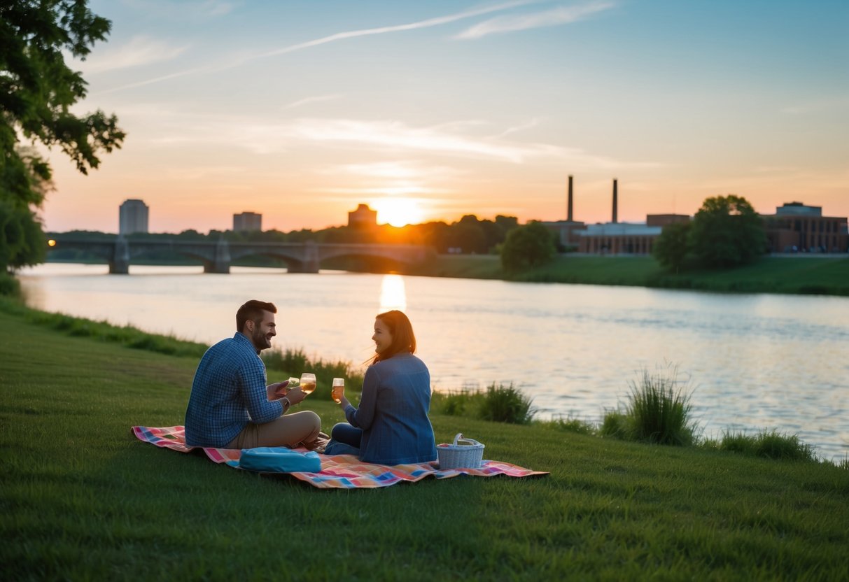 A couple picnicking by the Wabash River in Lafayette, Indiana, with a view of the sunset over the water