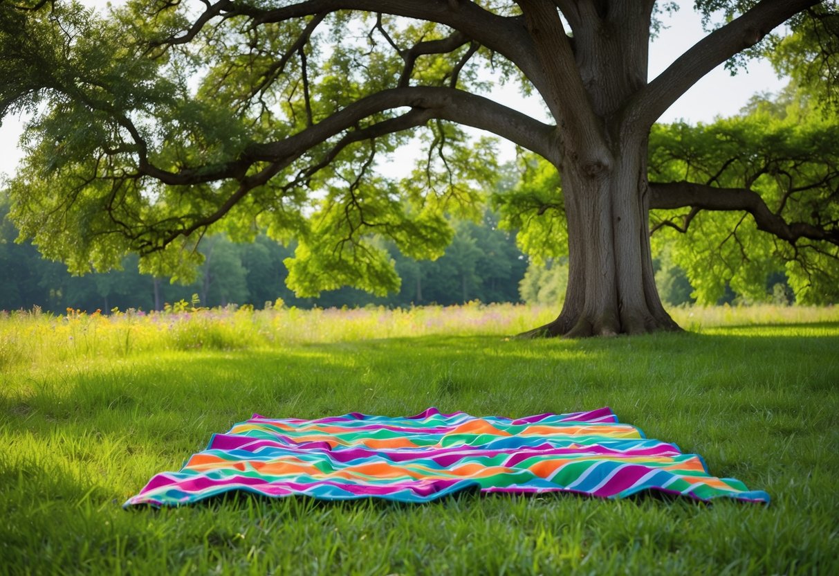 A colorful picnic blanket spread out under the shade of a large oak tree, surrounded by lush greenery and wildflowers at Prophetstown State Park