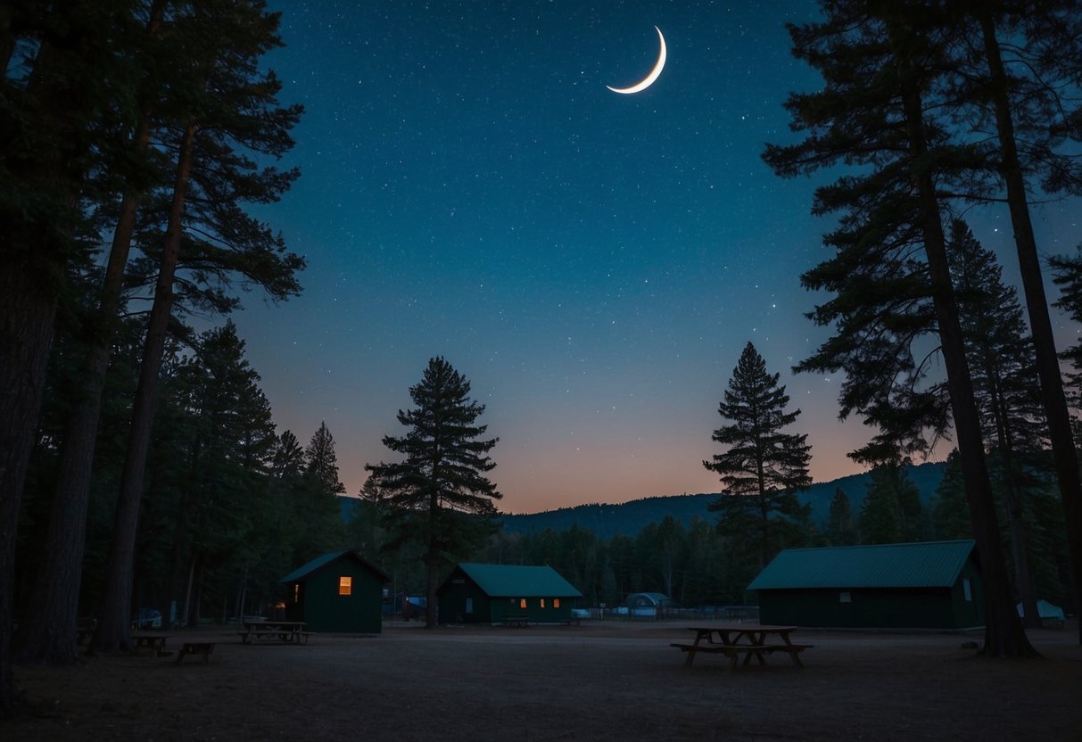A tranquil night sky over Camp Cullom, with twinkling stars and a crescent moon, surrounded by tall trees and a peaceful atmosphere