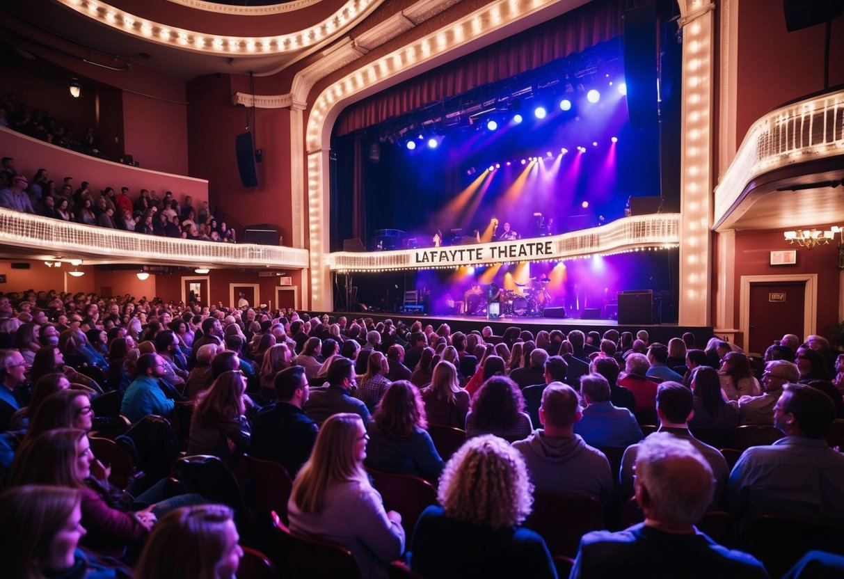 Crowd sways to live music at Lafayette Theater, lights illuminate the stage, creating a vibrant atmosphere for date ideas in Lafayette, Indiana