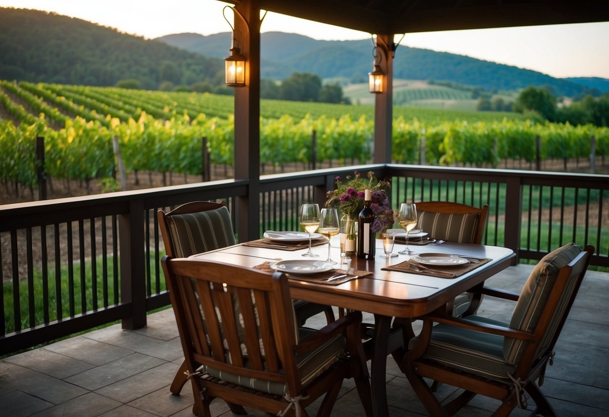 A cozy outdoor patio at Wildcat Creek Winery with a table set for a wine tasting date, surrounded by lush vineyards and rolling hills