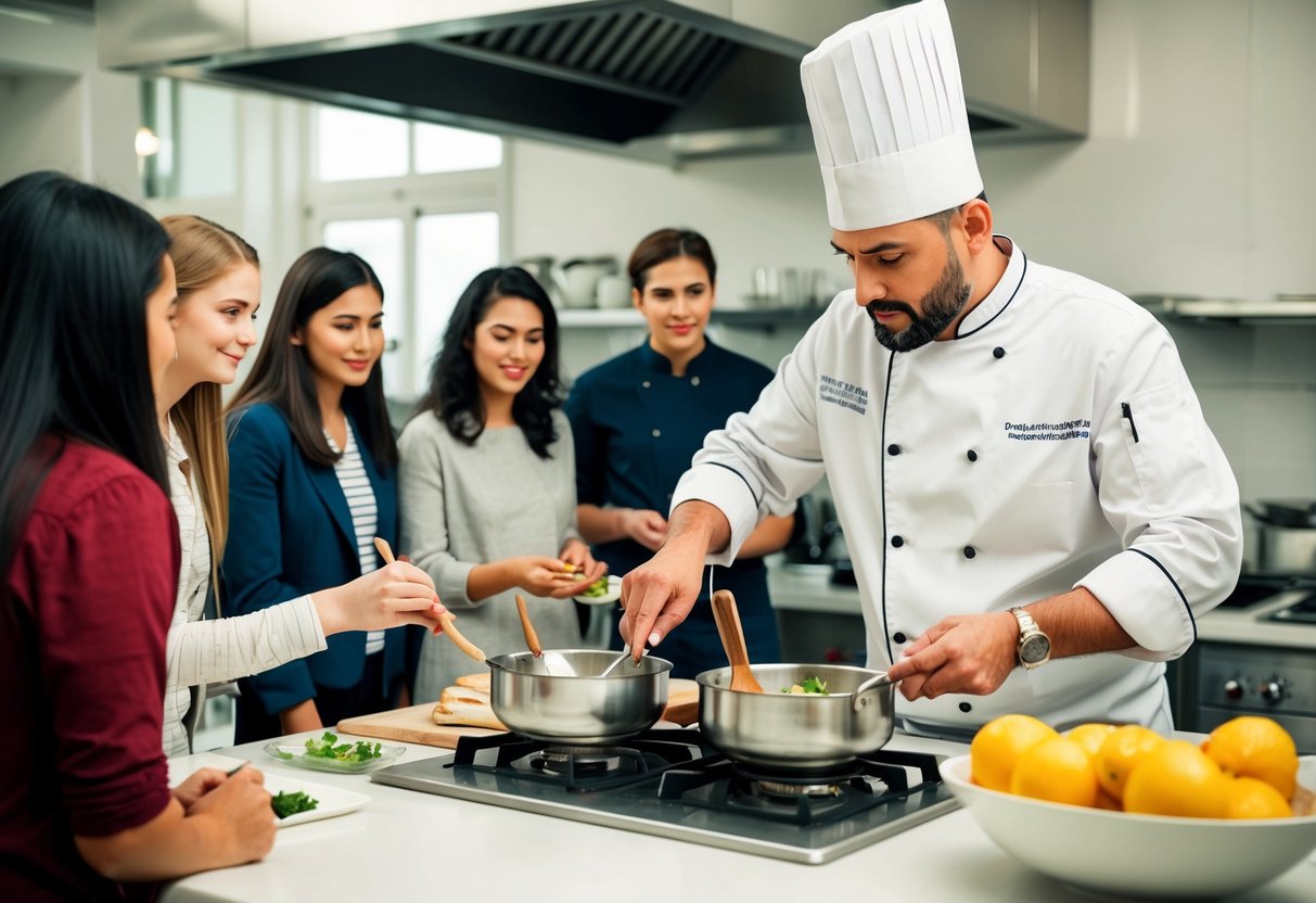A chef demonstrating cooking techniques in a well-equipped kitchen with attentive students