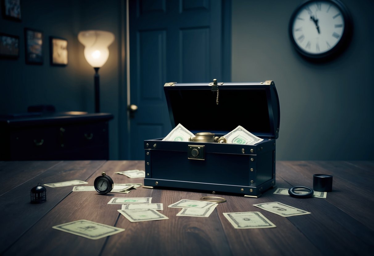 A dimly lit room with scattered clues, a locked chest, and a ticking clock on the wall