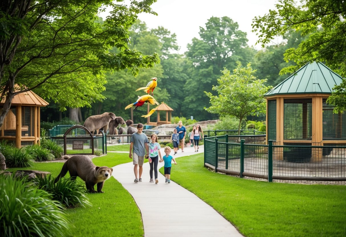 Lush greenery surrounds animal exhibits at Columbian Park Zoo, Lafayette, Indiana. Families stroll past colorful aviaries and playful otters in a serene setting