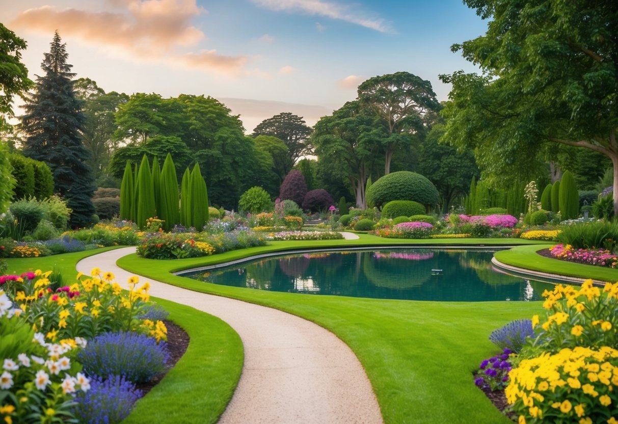 A serene path winds through lush gardens, with colorful flowers, towering trees, and a peaceful pond reflecting the surrounding beauty
