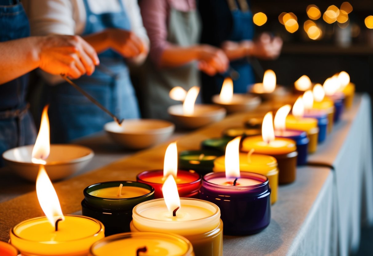 A cozy candle-making class at Bask Candle Co. with rows of colorful wax, fragrant oils, and flickering flames