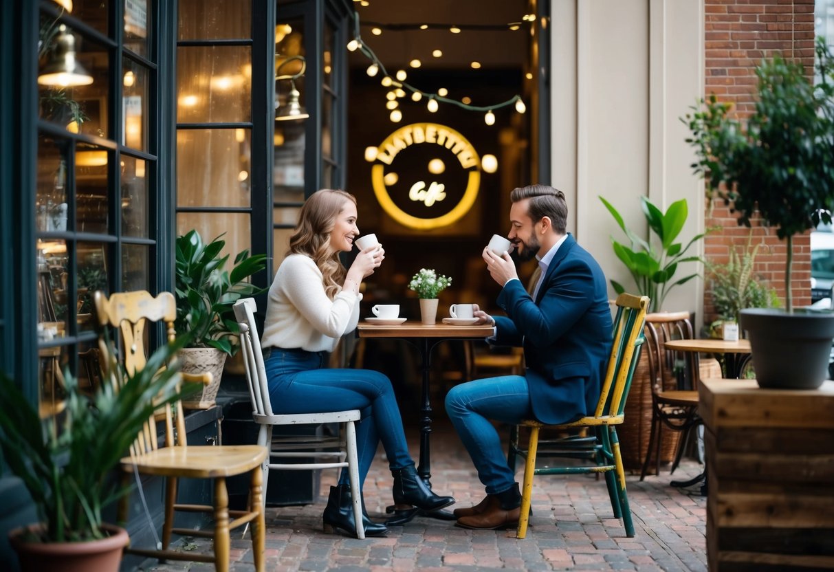 A cozy cafe with mismatched chairs and vintage decor, nestled in the heart of downtown Lafayette. A couple sips coffee at a small table, surrounded by fairy lights and potted plants