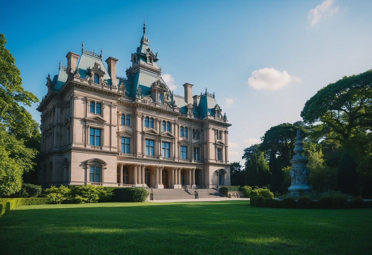 A historic building with intricate architectural details surrounded by lush greenery and a clear blue sky, with a sense of tranquility and cultural significance