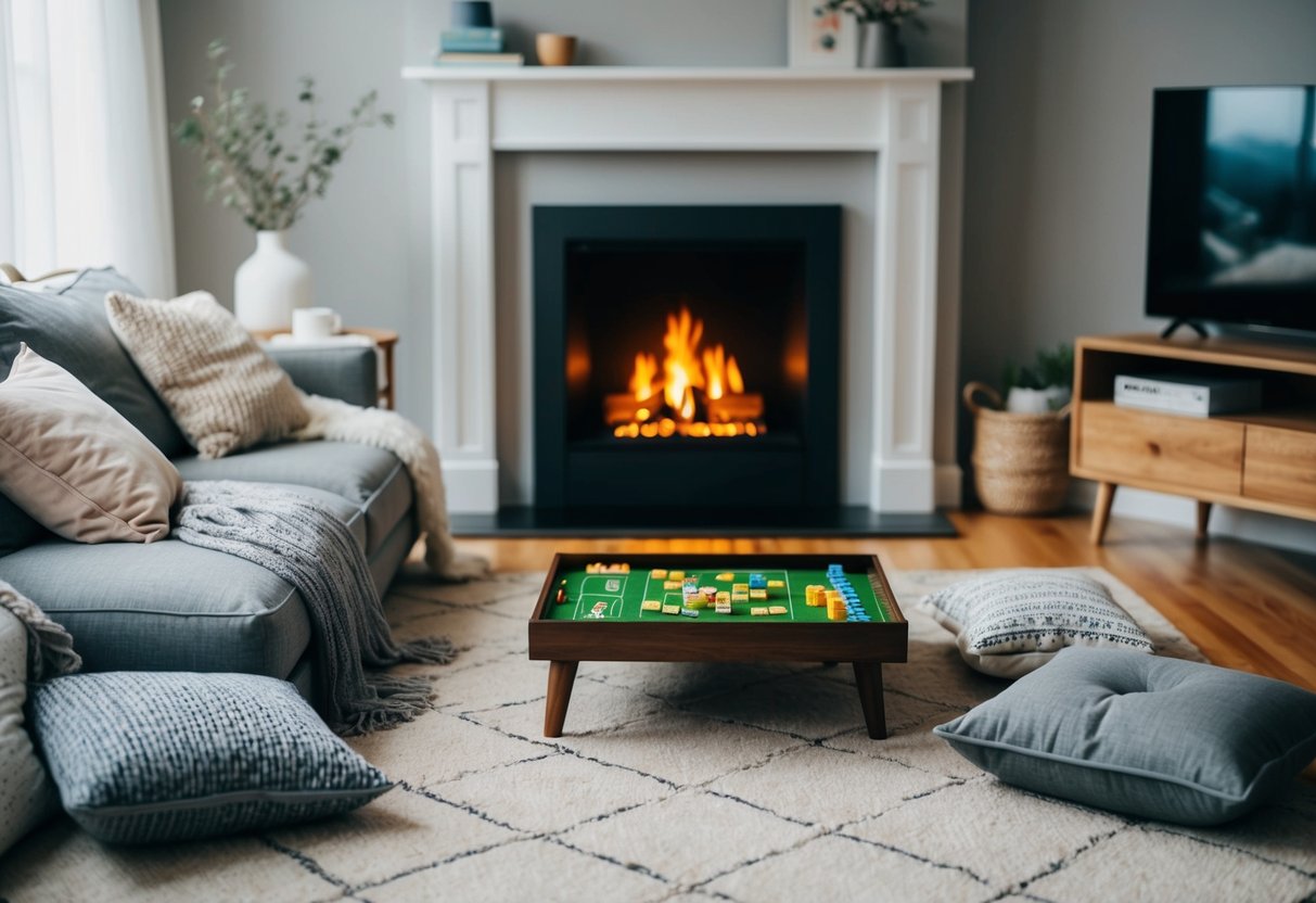 A cozy living room with a soft blanket and pillows on the floor, a flickering fireplace, and a board game set up on a coffee table