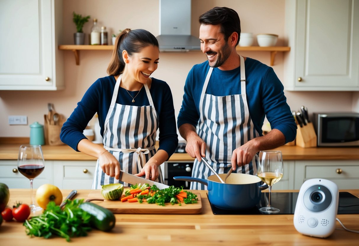 A cozy kitchen with two apron-clad figures chopping vegetables, stirring pots, and laughing together. Wine glasses and a baby monitor on the counter