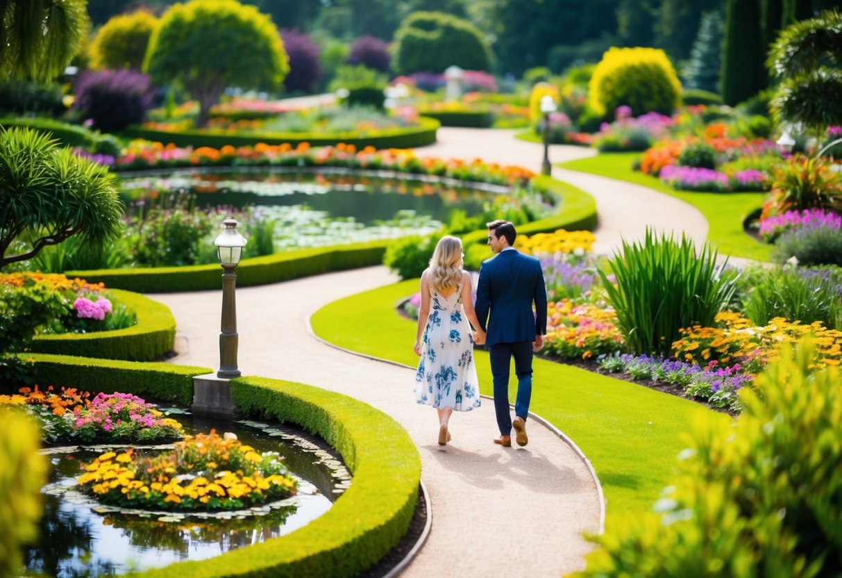 Lush botanical garden with winding paths, colorful flowers, and serene ponds. A couple strolls hand in hand, admiring the beauty around them