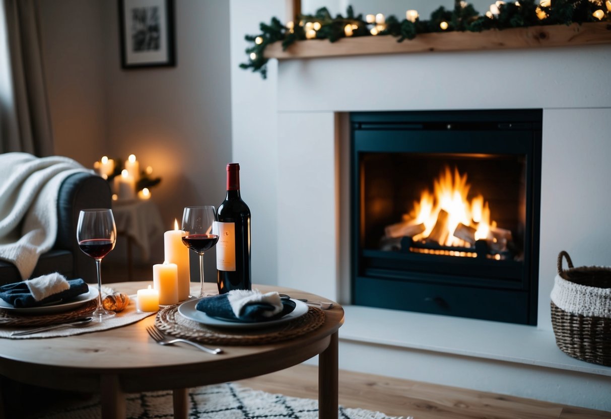 A cozy living room with a crackling fireplace, soft blankets, and a table set for two with candlelight and a bottle of wine