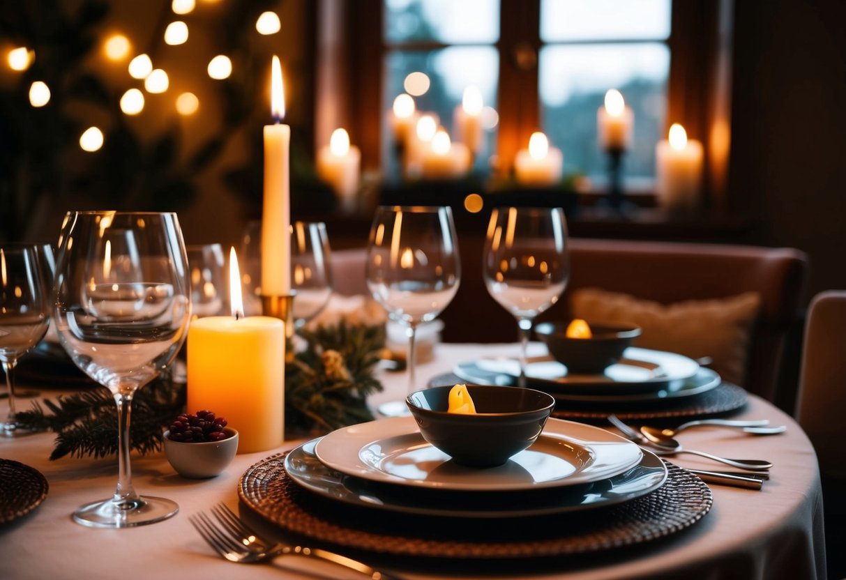 A cozy dining table with a flickering candle, set with elegant dishes and wine glasses, surrounded by soft lighting and a warm, inviting atmosphere