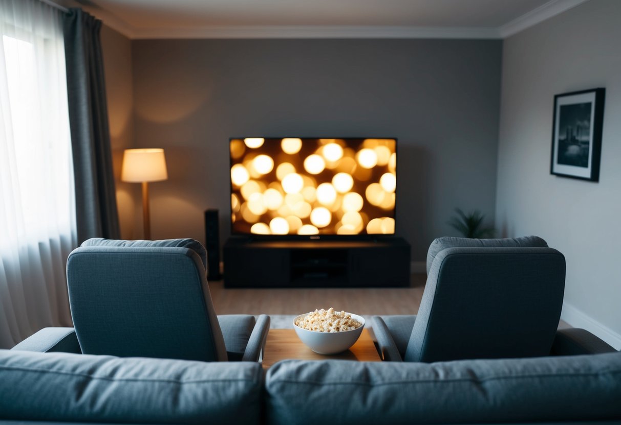 A cozy living room with a glowing TV, a bowl of popcorn, and two empty seats facing the screen