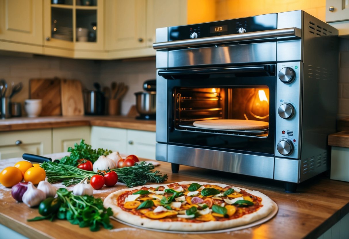 A cozy kitchen with a spread of fresh ingredients, a rolled out pizza dough, and a warm oven ready for a DIY pizza night