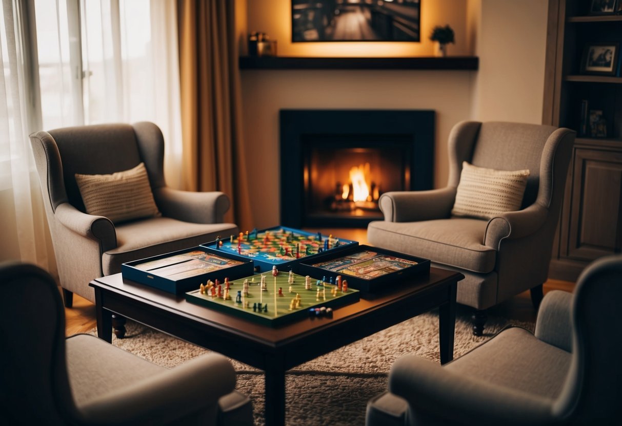 A cozy living room with a dimly lit table holding a variety of board games, surrounded by two comfortable chairs and a warm, inviting atmosphere