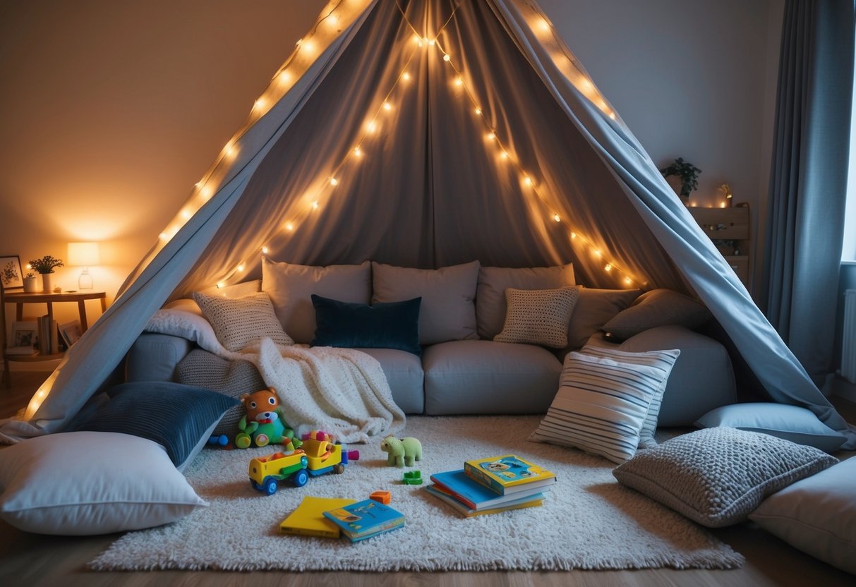A cozy living room with blankets and pillows arranged into a fort, soft lighting, and a scattering of toys and books on the floor
