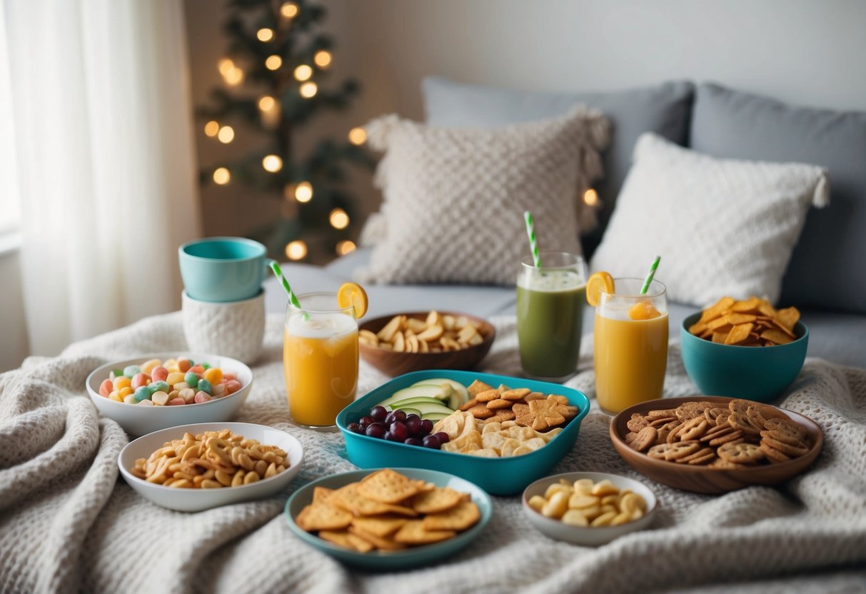 An assortment of snacks and drinks spread out on a cozy blanket, with soft lighting and a serene atmosphere